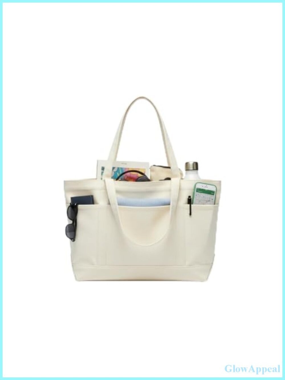 Large Canvas Tote Bag with Zipper, Multi Pockets for Work Travel